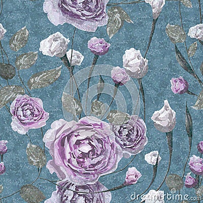 Lilac and white rose flowers with leaves on grunge foam blue background. Vector Illustration