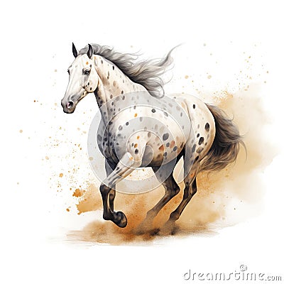 A beautiful spotted horse going in the field on a white background, watercolor painting Stock Photo