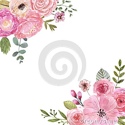 Beautiful spring floral frame. Watercolor pink flowers and green leaf on white background. Holiday botanical border for cards Stock Photo