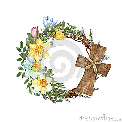 Beautiful spring floral wreath. Holiday Easter decor with hand drawn yellow flowers, green leaves, foliage, pussy willow branches Cartoon Illustration