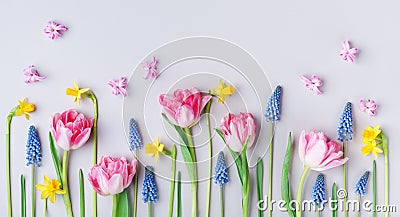 Beautiful spring flowers on pastel table background. Greeting card for International Women Day. Creative composition. Flat lay Stock Photo