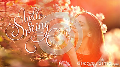 Beautiful Spring Girl with flowers and text Hello Spring. Calligraphy lettering Stock Photo