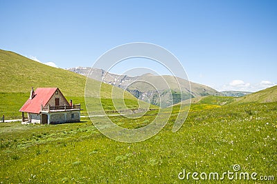 Panoramic view of cultivation of lentils in Castelluccio di Norcia plain Sibillini Mountains National Park Stock Photo