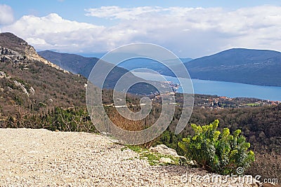 Beautiful spring Mediterranean landscape. Montenegro. View of Dinaric Alps mountains and Kotor Bay near Herceg Novi city Stock Photo