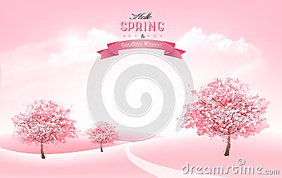 Beautiful spring nature background with blossom sakura trees and landscape. Vector Illustration