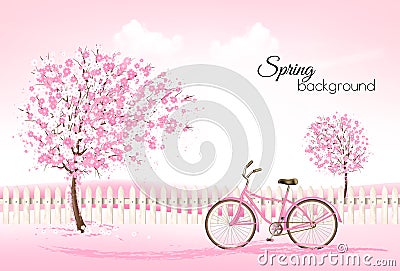 Beautiful spring nature background with a blossoming trees Vector Illustration