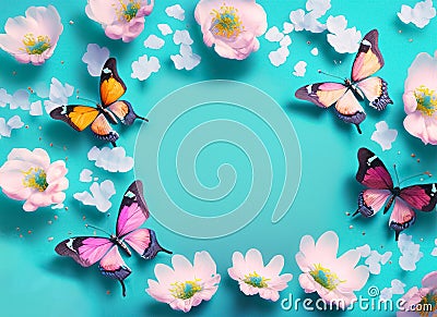 Beautiful spring nature background with butterfly lovely blossom petal a on turquoise blue. Generative AI Stock Photo