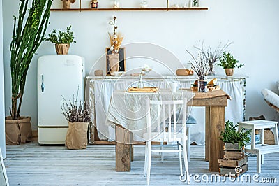 Beautiful spring photo of kitchen interior in light textured colors. Kitchen, living room with beige sofa sofa, old retro white fr Stock Photo