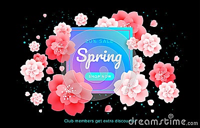 Beautiful spring sale banner with flower frame - cherry flowers Vector Illustration
