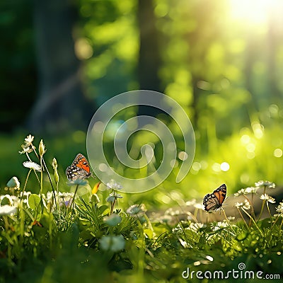 Beautiful spring, summer background nature with blooming wildflowers, wild flowers in grass and two butterflies soaring in nature Stock Photo