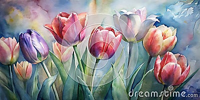 Beautiful Spring Tulips Painted in Watercolor, Watercolor Tulips, Spring Flowers Background Stock Photo