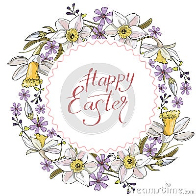 Beautiful spring wreath of daffodils and purple flowers on a white background. Stock Photo