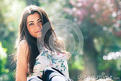 Beautiful spring young woman outdoors. Glowing female beauty. Stock Photo