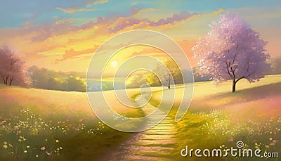 Beautiful springtime illustration in pastel colors. Footpath across a spring meadow with blooming trees. Picturesque countryside Cartoon Illustration