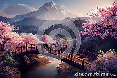 Beautiful springtime landscape with colorful bloom and mountainous landscape, AI Generated image Stock Photo