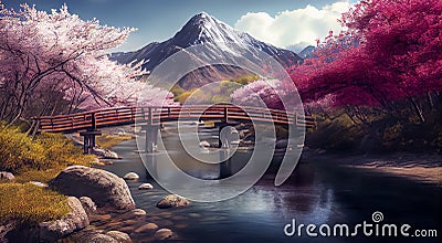 Beautiful springtime landscape with colorful bloom and mountainous landscape, AI Generated Stock Photo