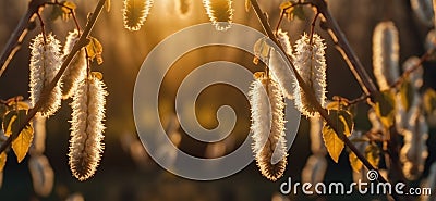 Beautiful springtime nature background from blooming willow branches with fluffy catkins in sunlight. Generative AI Stock Photo