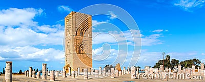 Beautiful square with Hassan tower at Mausoleum of Mohammed V in Rabat, Morocco on sunny day. Panorama Stock Photo