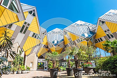 Beautiful square inside yellow cube houses in Rotterdam Editorial Stock Photo