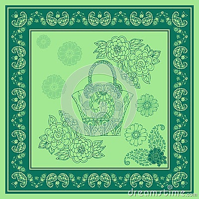 Beautiful square pattern with bag and flowers in frame with paisley ornament. Print for napkin, pillowcase Vector Illustration