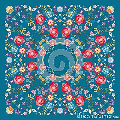 Beautiful square pattern design with embroidered flowers. Bandana print, shawl or scarf with floral motifs Stock Photo