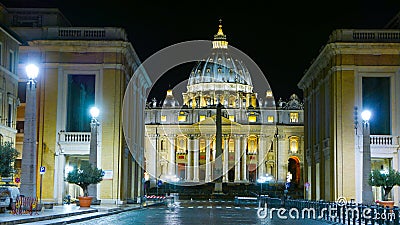 Beautiful St Peters Basilica at Vatican in Rome - night view Editorial Stock Photo