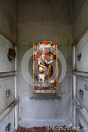 Gorgeous stained glass window inside mausoleum, Albany Rural Cemetery, Fall 2021 Editorial Stock Photo