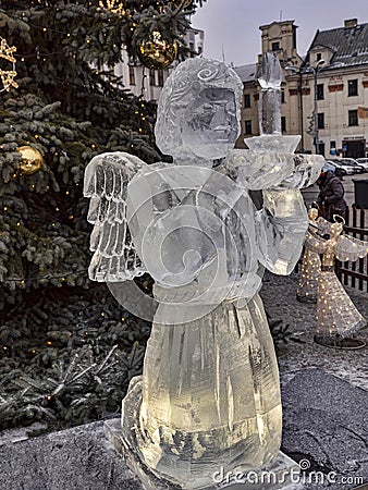 beautiful statue of an angel carved out of ice Stock Photo