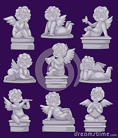 Beautiful statue of angel praying isolated marble antique sculpture or monument and cupid boy statue stone decoration Vector Illustration