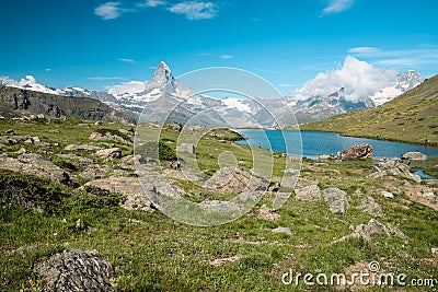 Beautiful Stellisee Lake with a Matterhorn reflection - Five Lakes Trail in Zermatt, Switzerland Stock Photo