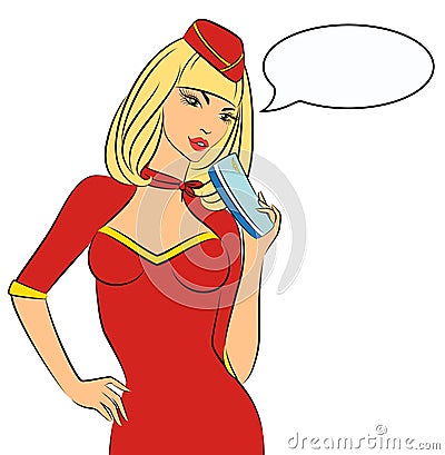 Beautiful stewardess with air ticket. Vector Illustration