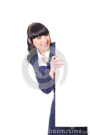 Beautiful stewardess with a blank Stock Photo