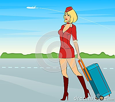 Beautiful stewardess with suitcase. Vector Illustration