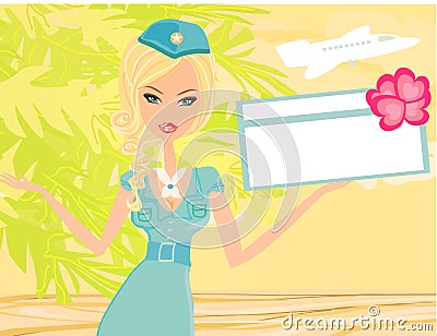 Beautiful stewardess with ticket Vector Illustration