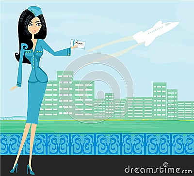 Beautiful stewardess with ticket Vector Illustration