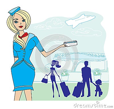 Beautiful stewardess with ticket Vector Illustration