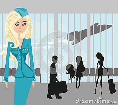 Beautiful stewardess and tourists at the airport Vector Illustration