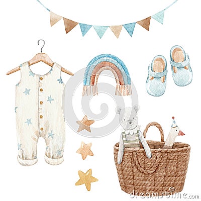 Beautiful stock baby illustration with very cute hand drawn watercolor boys wardrobe rompers and basket of toys. Cartoon Illustration