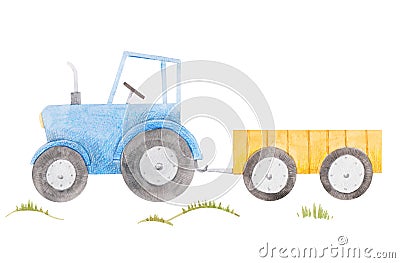 Beautiful stock illustration with cute watercolor blue farm tractor. Cartoon Illustration