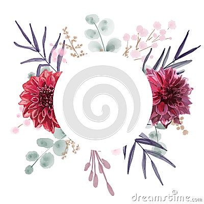 Beautiful stock illustration with gentle hand drawn watercolor flower arrangement. Dahlia flowers. Cartoon Illustration