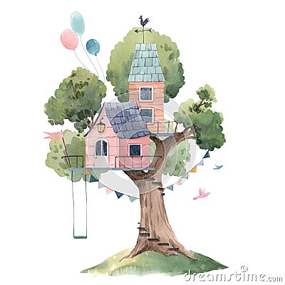 Beautiful stock illustration poster with cute watercolor children tree houses. Cartoon Illustration