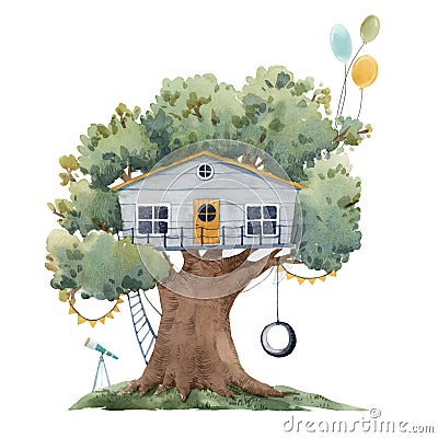 Beautiful stock illustration poster with cute watercolor children tree houses. Cartoon Illustration