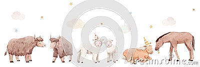 Beautiful stock illustration with set of cute watercolor hand drawn animals at the birthaday party. Cartoon Illustration