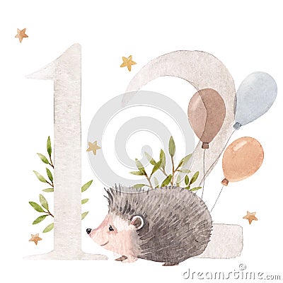 Beautiful stock illustration with watercolor hand drawn number 12 and cute hedgehog animal for baby clip art. Twelve Cartoon Illustration