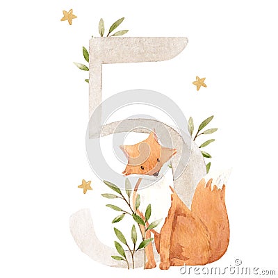 Beautiful stock illustration with watercolor hand drawn number 5 and cute fox animal for baby clip art. Five month Cartoon Illustration