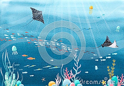 Beautiful stock illustration with watercolor underwater sea life scenery. Cartoon Illustration