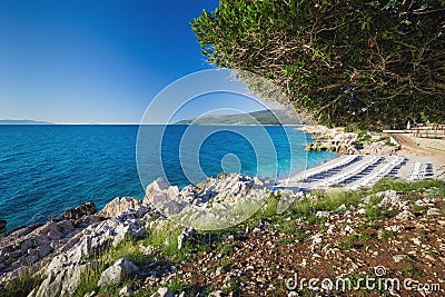 Beautiful stone beach with crystal clear tourquise sea surrounding by pine tree in Croatia, Istria, Europe Stock Photo