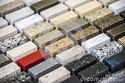 Beautiful stone color selection for kitchen counter tops. Kitchen renovation concept. Stock Photo