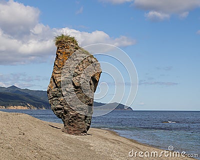 A beautiful stone outlier on the coast of the Sea of Okhotsk. Cape Velikan, island Sakhalin , Russia Stock Photo