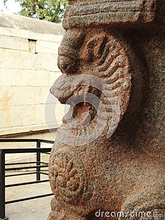 Beautiful stone pillars with god and goddess carving in Veerabhadra Hindu temple located at Lepakshi in the state of Andhra Stock Photo